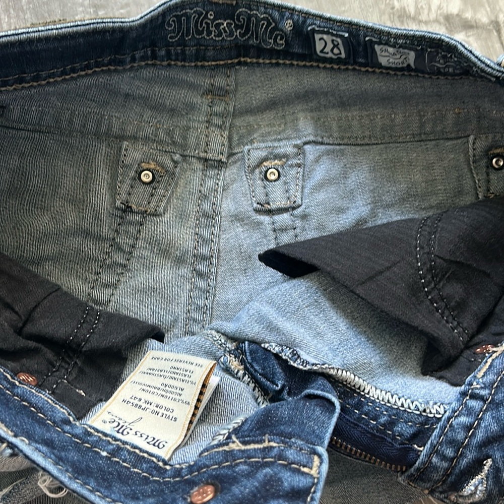 Miss Me Blue Denim Distressed Shorts with Snake Print Trim - Picture 8 of 13
